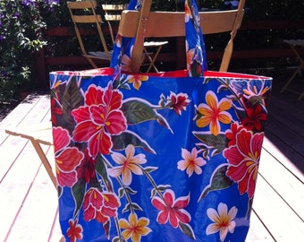 Oilcloth Shopping Tote Bag, Blue and Red Flower Oil Cloth Grocery Bag, Reusable Market Tote