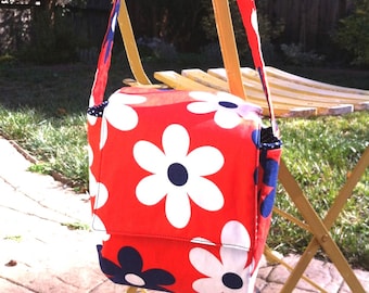 Red White Blue Floral Insulated Lunch Bag, Handmade Fabric Tote Bag