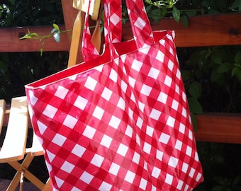 Laminated Cotton Market Tote Bag, Checkered Red and White Grocery Tote