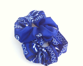 Blue Bandana Hair Scrunchies, Set of 2 Bandana Fabric Hair Ties