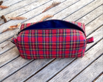 Estuche para cosméticos o lápices a cuadros rojos, bolso con cremallera de cuadros vichy