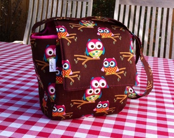 Insulated Lunch Bag Owls, School Lunch Tote, Work Lunch Tote Brown and Pink with Cute Owls