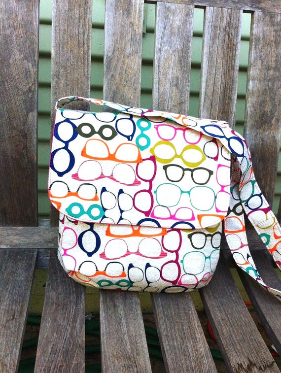 Insulated Lunch Bag or Cross Body Bag Geeky Glasses Fabric, Small Messenger Bag
