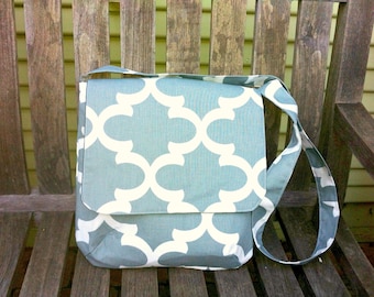 Gray White Messenger Bag, Small Crossbody Bag,  Gray Purse, Small Diaper Bag, Handmade Shoulder Bag, Small School Bag, Shoulder Bag