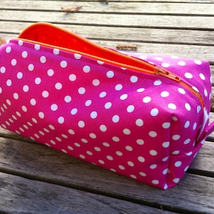 Pencil Case/ Cosmetic Case Pink with White Polka Dots, Orange Zipper