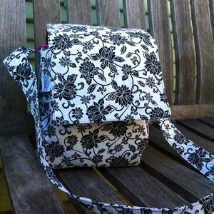 Black White Floral Insulated Lunch Tote, Cotton School Bag, Work Bag image 2