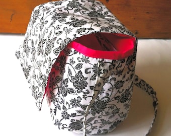 Black White Floral Insulated Lunch Tote, Cotton School Bag, Work Bag