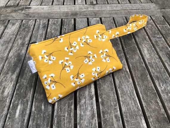 Wristlet Wallet Mustard Yellow with White Flowers Spoonflower fabric, Small Purse, Fabric Purse