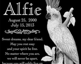 Personalized Cockatoo Bird Pet Memorial 12x12 Custom Engraved Granite Grave Marker Plaque Headstone "Alfie"