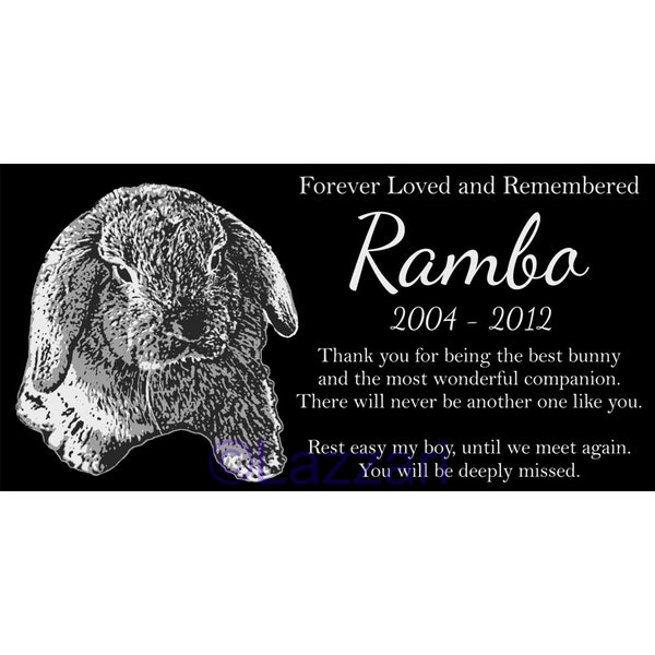 Personalized Lop-Eared Rabbit Bunny Granite Pet Memorial 12x6 Custom Engraved Grave Marker Headstone Plaque "Rambo"