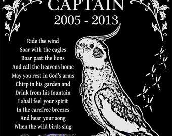 Personalized Cockatiel Bird Pet Memorial 12x12 Inch Custom Engraved Granite Grave Marker Plaque Headstone "Captain"