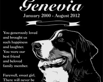 Personalized Bernese Mountain Dog Pet Memorial 12x12 Inch Engraved Granite Grave Marker Headstone "Genevia"