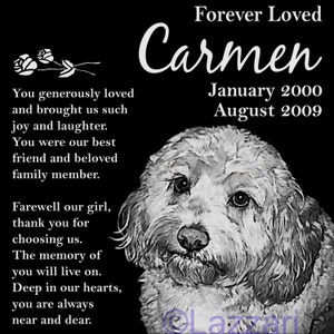 May include: A black memorial plaque with the name "Carmen" and dates "January 2000 - August 2009". The plaque features a detailed grayscale portrait of a dog and includes heartfelt text expressing love and remembrance.
