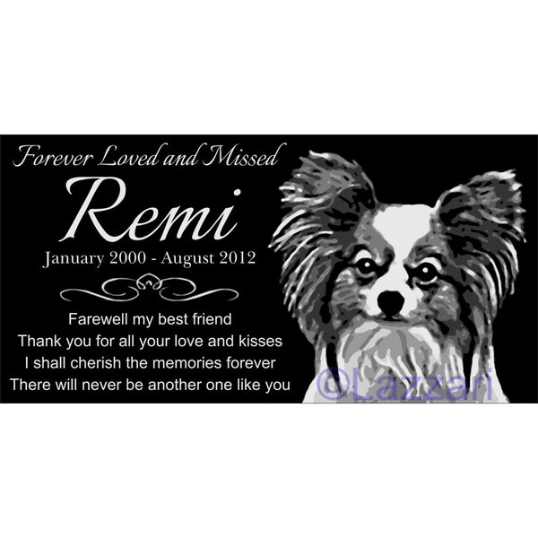 Personalized Papillon Dog Granite Pet Memorial 12x6 Inch Engraved Grave Marker Plaque "Remi"