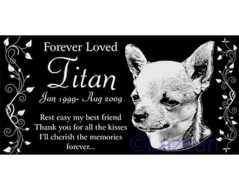 Personalized Pear Chihuahua Dog Pet Memorial 12x6 Inch Engraved Granite Grave Marker Headstone "Titan"