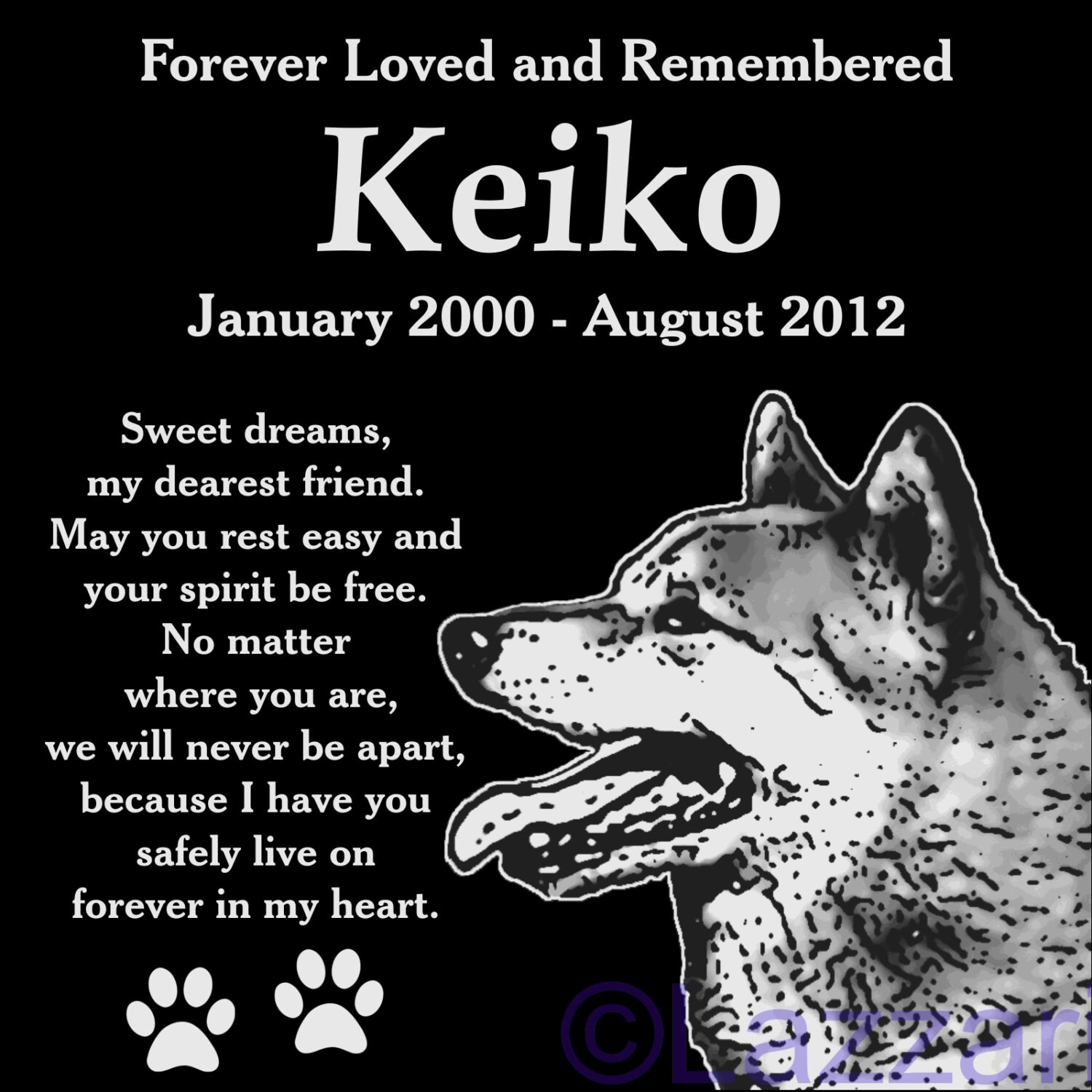 Personalized Shiba Inu Dog Pet Memorial 12x12 Engraved Granite Grave Marker Headstone Plaque "Keiko"