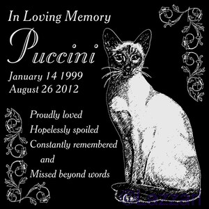 Personalized Siamese Cat Pet Memorial 12x12 Custom Granite Grave Marker Headstone Plaque &quot;Puccini&quot;