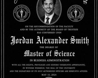 YOUR University Degree with Photo Engraved on Black Granite  – Custom College Graduation Gift – Bachelor, Master or Doctorate Graduation
