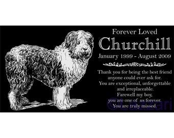 Personalized Old English Sheepdog Pet Memorial 12x6 Inch Custom Engraved Granite Grave Marker Plaque "Churchill"