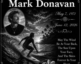 Custom Photo Engraved Personalized Male Surfer Memorial 12"x12" Headstone Black Granite Grave Marker Plaque z369