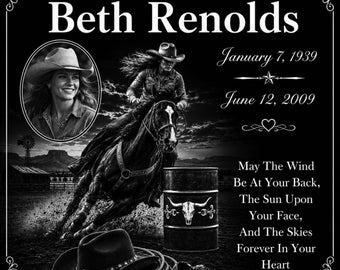 Personalized w/ Custom Photo Rodeo Barrel Racer Memorial 12"x12" Custom Engraved Headstone Granite Grave Marker Plaque P155