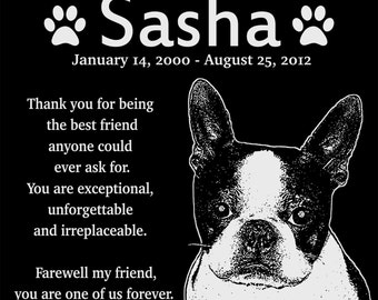 Personalized Boston Terrier Pet Granite Memorial 12x12 Inch Engraved Grave Marker Plaque "Sasha"