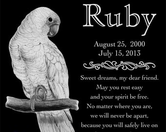 Personalized Goffin's Cockatoo Bird Pet Memorial 12x12 Custom Engraved Granite Grave Marker Plaque Headstone "Ruby