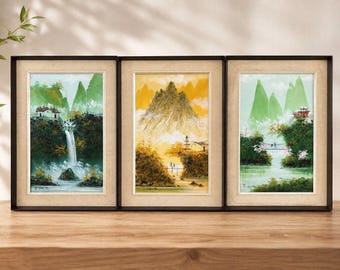 Vintage Chen Mao Horsehair Art Set of 3 Signed Asian Landscape Framed