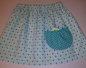 Green and blues girls skirt with big pocket, Spring skirt. Available in different sizes.