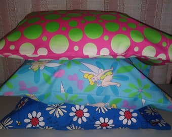 3 Travel or Toddler size pillowcases. Circles, Fairies, Tinker Bell, Flowers and bees. Handmade