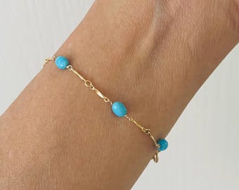 Genuine Turquoise Bracelet, Arizona Turquoise Chain Bracelet, 14K GF Bar Chain, Minimalist Bracelet, December Birthday, Bridesmaid Gift