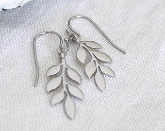 READY TO SHIP ~ Matte Silver Leaf Earrings ~ Small Twig Earrings ~ Nature Inspired ~ Dainty Leaf Earrings ~ Bridesmaid Gift ~ Gift for Her