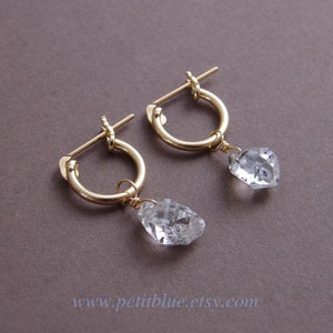 Small Herkimer Diamond Earrings ~ Genuine Gem Stone ~ Small Huggie Earrings ~ 14K GF or SS Hoop Earrings ~ April Birthday