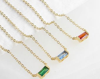 Baguette Birthstone Necklace, Minimal Baguette Charm Necklace, Birthday Gift, Bridesmaid Gift, Personalized Gift for Her, Birthstone Jewelry