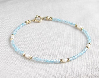 Blue Topaz and Freshwater Pearl Bracelet ~ Something Blue ~ December Birthday ~ Delicate Beaded Gemstone Bracelet ~ Birthstone Bracelet