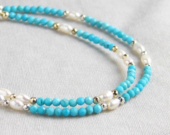 Turquoise and Pearl Bracelet ~ Genuine Turquoise and Freshwater Rice Pearl ~ Delicate Gemstone Bracelet ~ December Birthday
