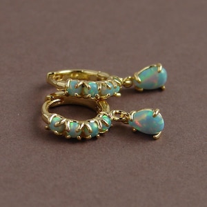 Opal Huggie Earrings ~ Tiny Mint Green Opal Hoop Earrings ~ Dainty Earrings ~ Small Opal Teardrop Dangle ~ Opal Huggies ~ October Birthday