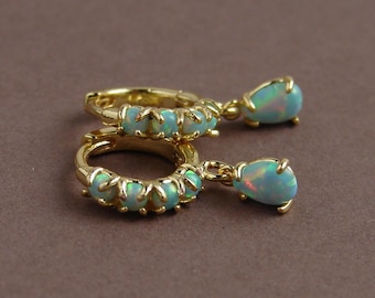 Opal Huggie Earrings ~ Tiny Mint Green Opal Hoop Earrings ~ Dainty Earrings ~ Small Opal Teardrop Dangle ~ Opal Huggies ~ October Birthday