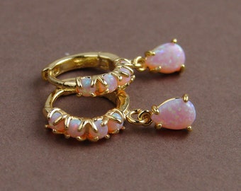 Opal Huggie Earrings ~ Tiny Pink Opal Hoop Earrings ~ Dainty Opal Earrings ~ Small Opal Teardrop Dangle ~ Opal Huggies ~ October Birthday