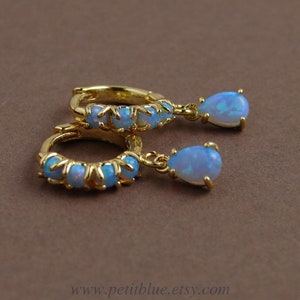 Opal Huggie Earrings ~ Tiny Blue Opal Hoop Earrings ~ Dainty Earrings ~ Small Opal Teardrop Dangle ~ Opal Huggies ~ October Birthday