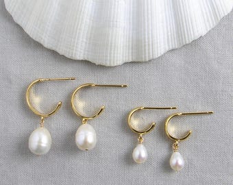 Pearl Hoop Earrings, June Birthday, Unique Baroque Pearl, Pearl Dangle Earrings, Pearl Huggies, Anti-Tarnish Gold Plating, Wedding Jewelry