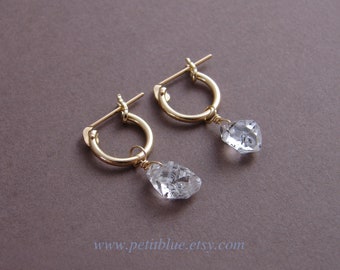 Small Herkimer Diamond Earrings ~ Genuine Gem Stone ~ Small Huggie Earrings ~ 14K GF or SS Hoop Earrings ~ April Birthday