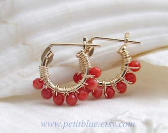 Boucles D'oreilles Hoop Or Et Corail Rose - Petites Créoles - Neuf Sans Emballage