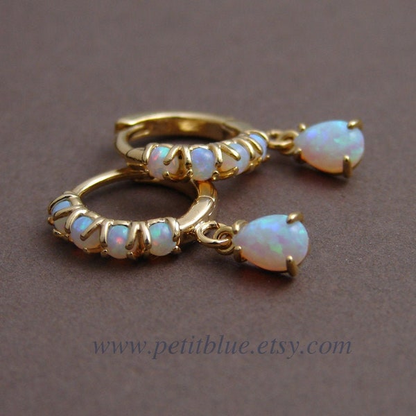 Opal Huggie Earrings ~ Tiny Opal Hoop Earrings ~ Dainty Opal Earrings ~ Small Opal Teardrop Dangle ~ Opal Huggies ~ October Birthday