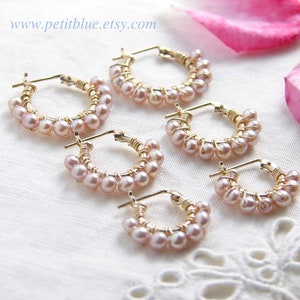 Light Pink Pearl Hoop Earrings ~ Valentin&#39;s Day Gift ~ June Birthday ~ 10mm, 12mm, 14mm ~ 14K GF Earrings ~ Small Hoops ~ Freshwater Pearls