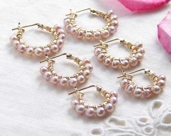 Light Pink Pearl Hoop Earrings ~ Valentin's Day Gift ~ June Birthday ~ 10mm, 12mm, 14mm ~ 14K GF Earrings ~ Small Hoops ~ Freshwater Pearls