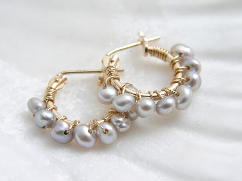Small Grey Pearl Hoop Earrings. 14K GF Hoop Earrings. Wire image 1
