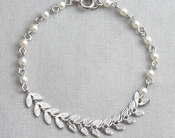 Laurel and Pearl Bracelet ~ Silver Leaf Bracelet ~ Pearl Chain ~ Laurel Wreath ~ Chevron ~ Fishbone ~ Gift for Her ~ Bridesmaid Gifts