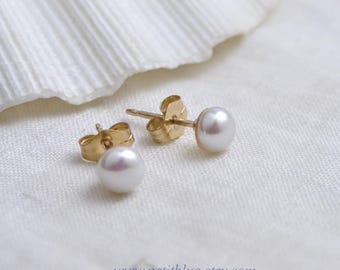 Small Pearl Stud Earrings, 14K Gold Filled, June Birthday, Genuine Freshwater Pearl, Everyday Jewelry, Gift for Her