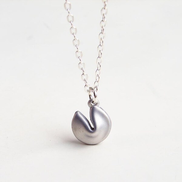 Little Fortune. Small Matte Silver Colored Fortune Cookie Necklace. Simple Modern Jewelry by PetitBlue